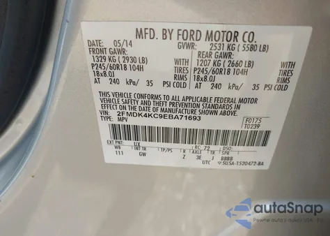 2014 Ford Edge Limited z USA, uszkodzony, nr VIN 2FMDK4KC9EBA71693